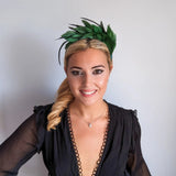 Emerald green feather satin headband fascinator - House of Hats