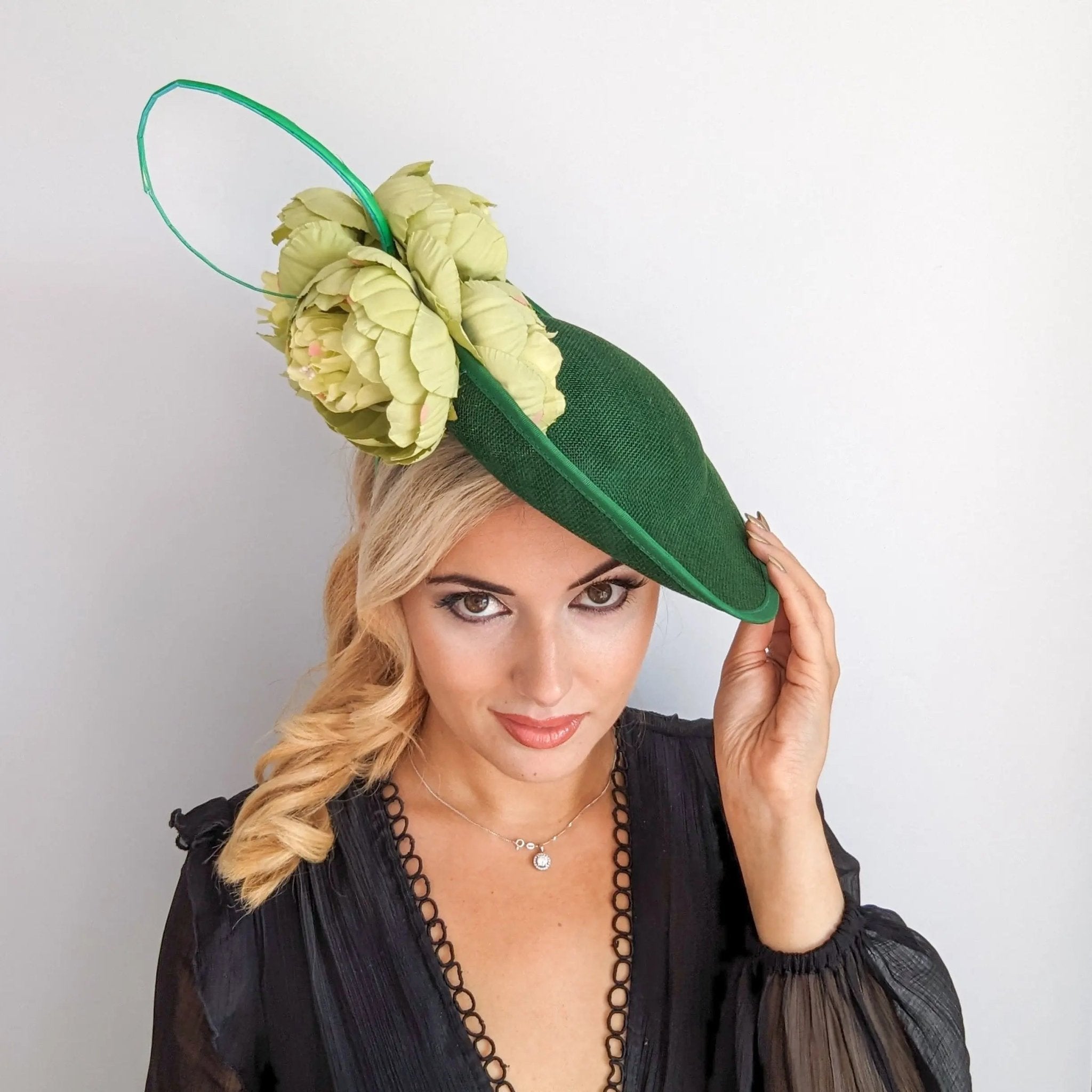 Emerald green large flower saucer disc fascinator hat - House of Hats