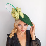 Emerald green large flower saucer disc fascinator hat - House of Hats