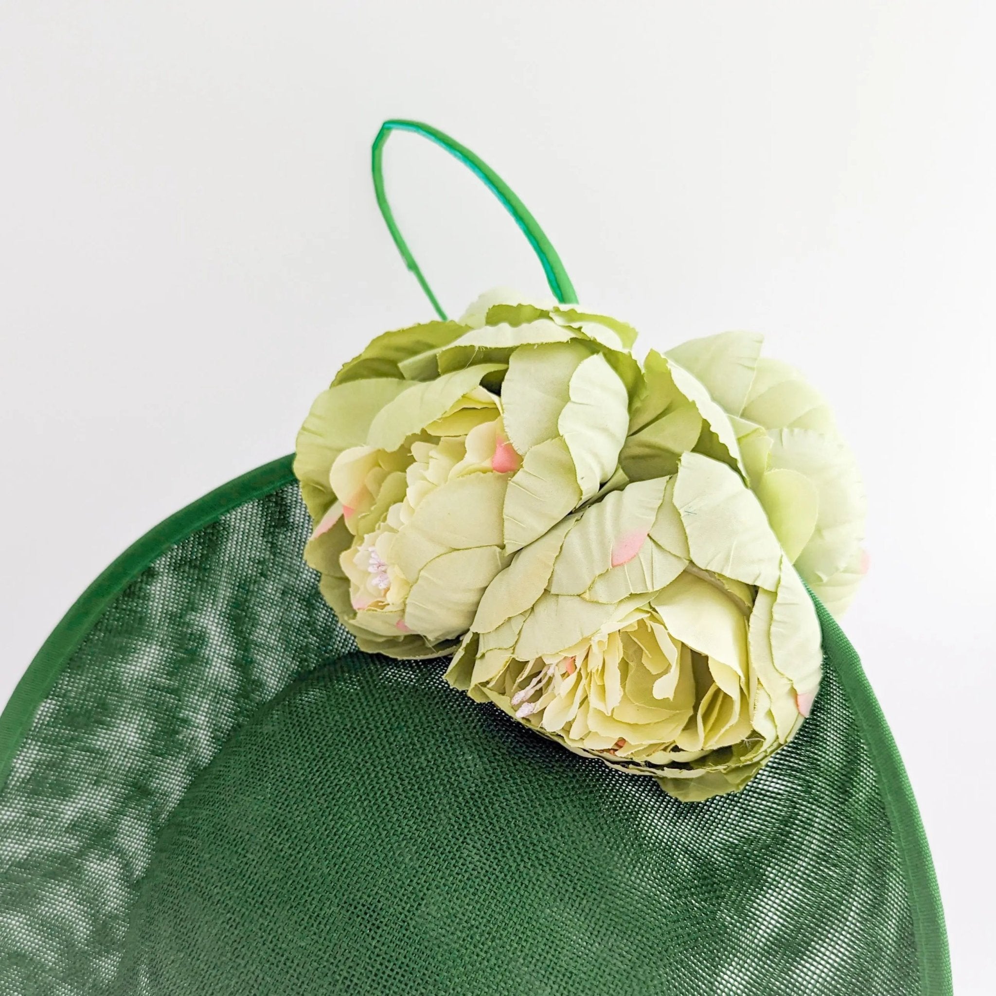 Emerald green large flower saucer disc fascinator hat - House of Hats