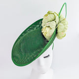 Emerald green large flower saucer disc fascinator hat - House of Hats