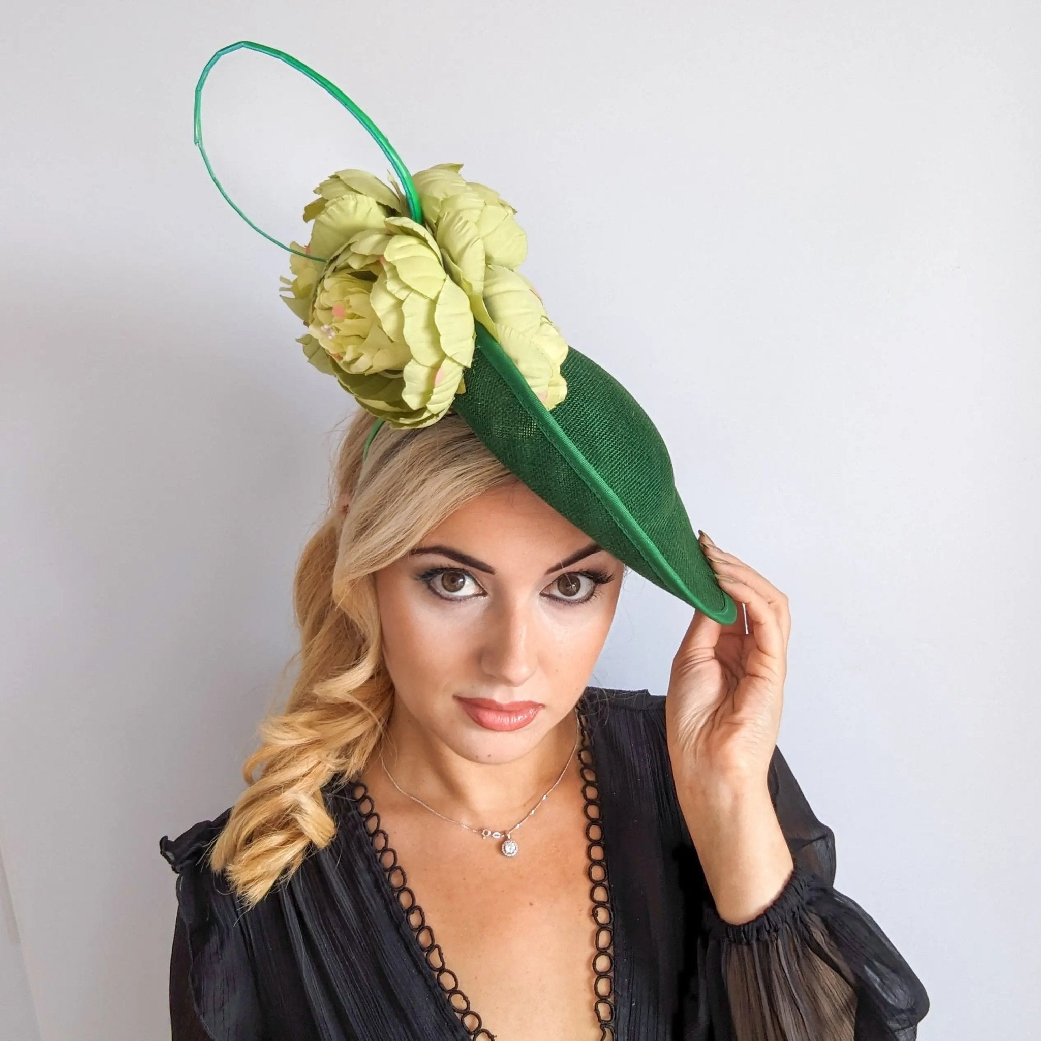 Emerald green large flower saucer disc fascinator hat - House of Hats