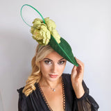 Emerald green large flower saucer disc fascinator hat - House of Hats