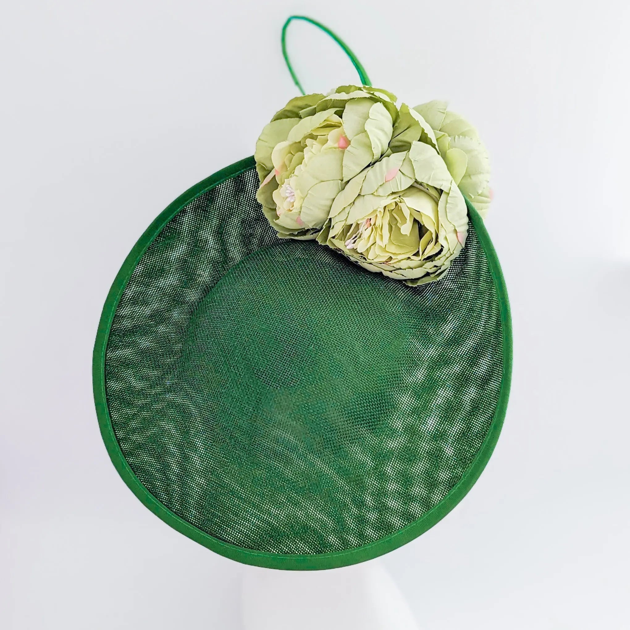 Emerald green large flower saucer disc fascinator hat - House of Hats