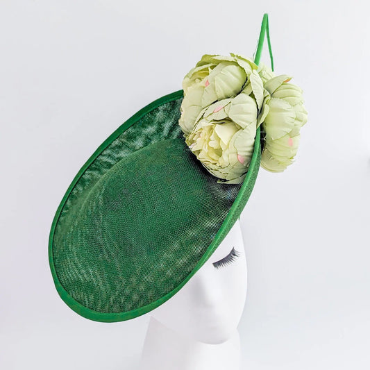 Emerald green large flower saucer disc fascinator hat - House of Hats