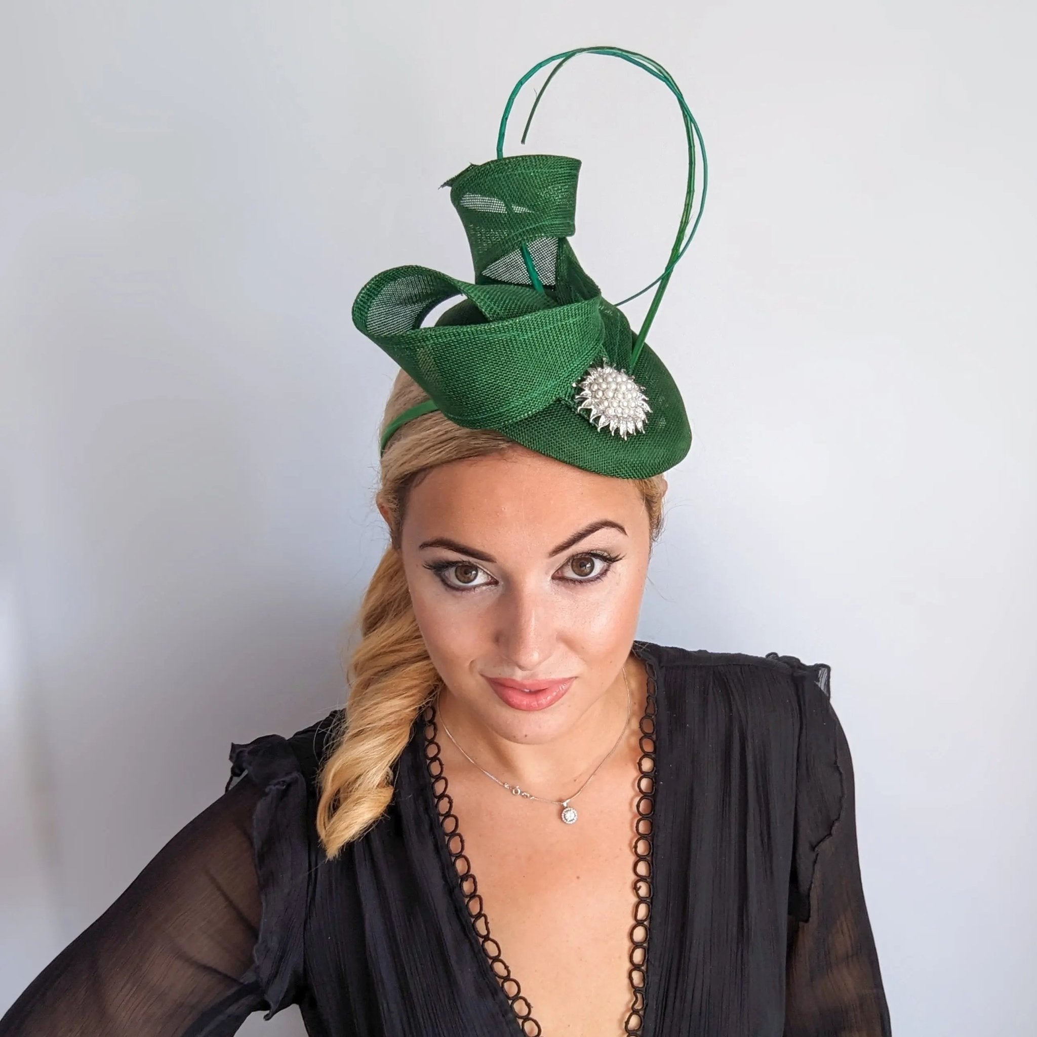 Emerald green pearl fascinator hat - House of Hats