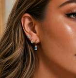 14K Gold Plated Dainty Flower Huggie Hoop Stacking Earrings Set Of 3, Green Pink Blue Earrings, CZ Crystal Stud, Minimalist Birthday Gift