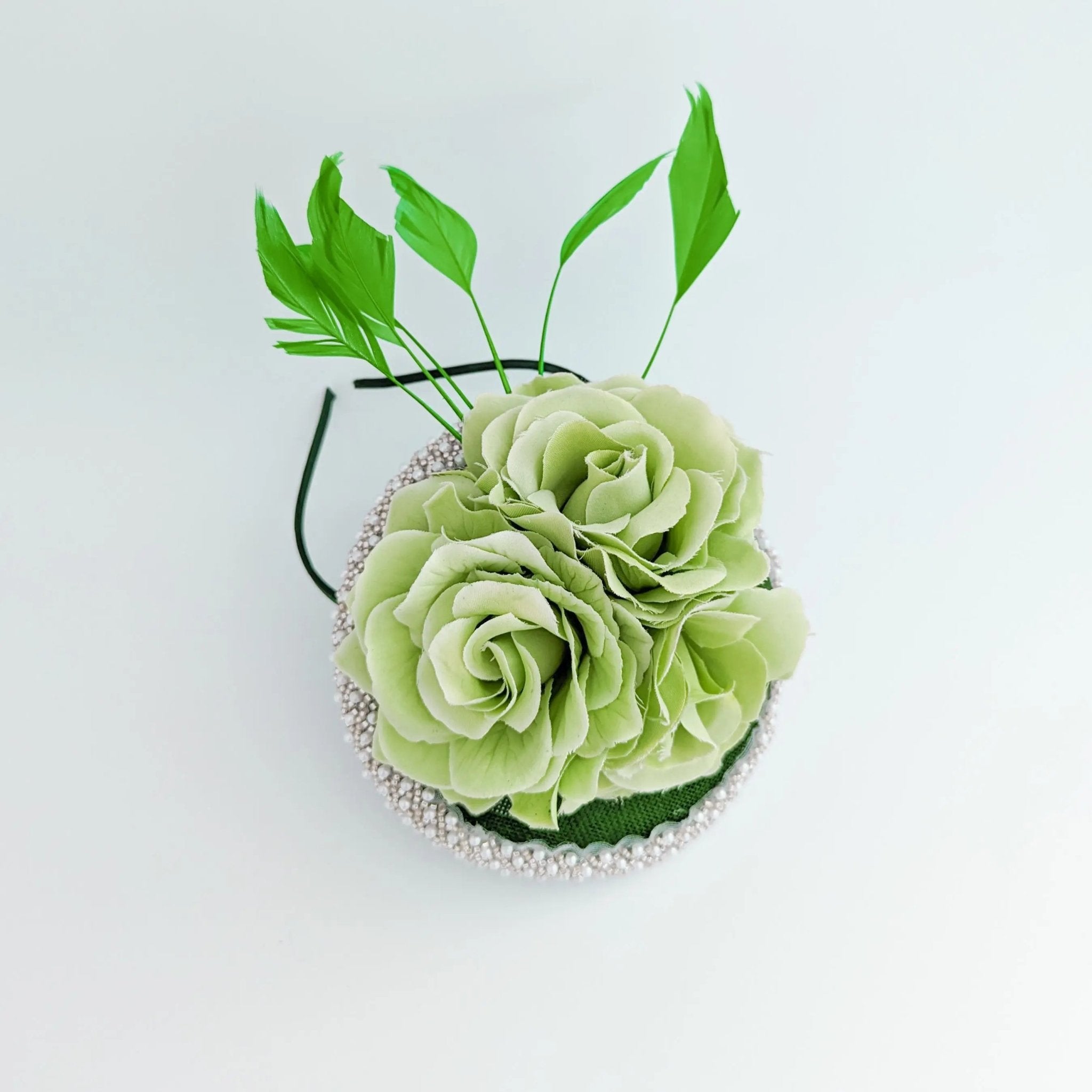 Forest green beaded flower fascinator hat - House of Hats