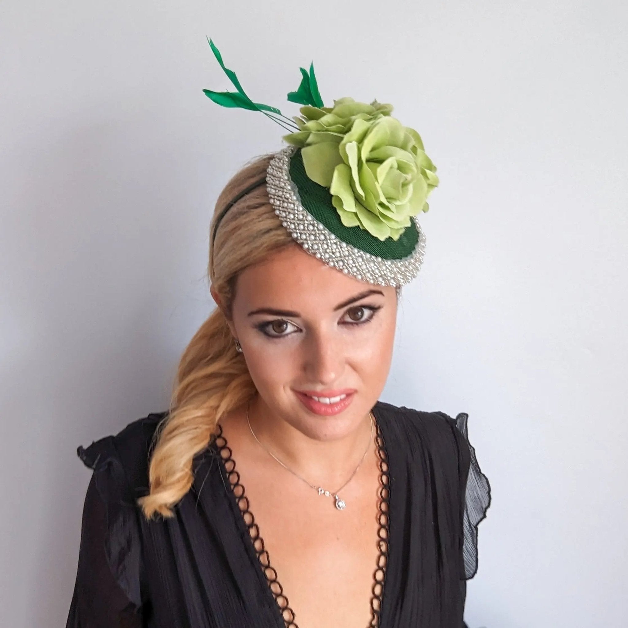 Forest green beaded flower fascinator hat - House of Hats