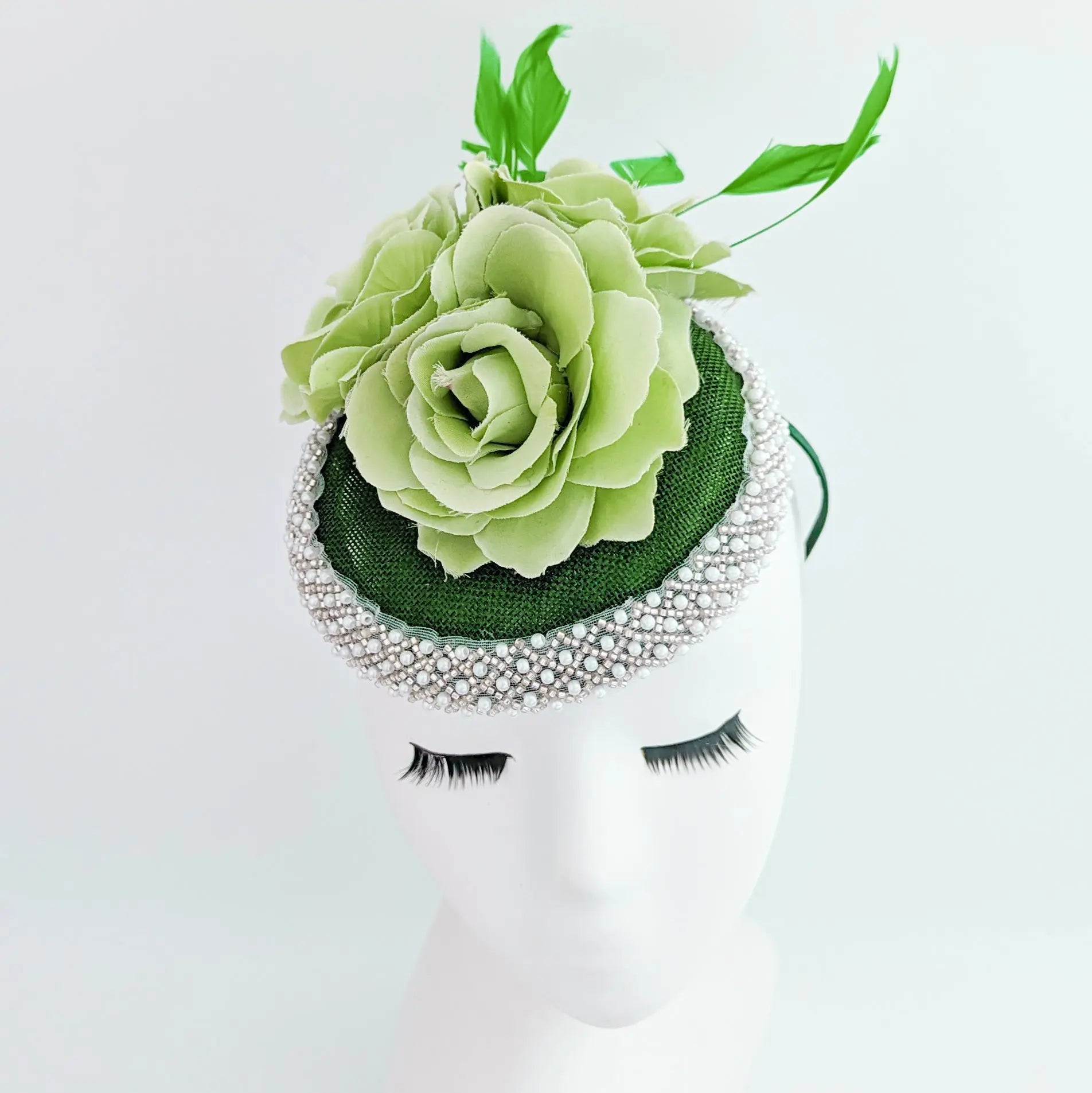 Forest green beaded flower fascinator hat - House of Hats