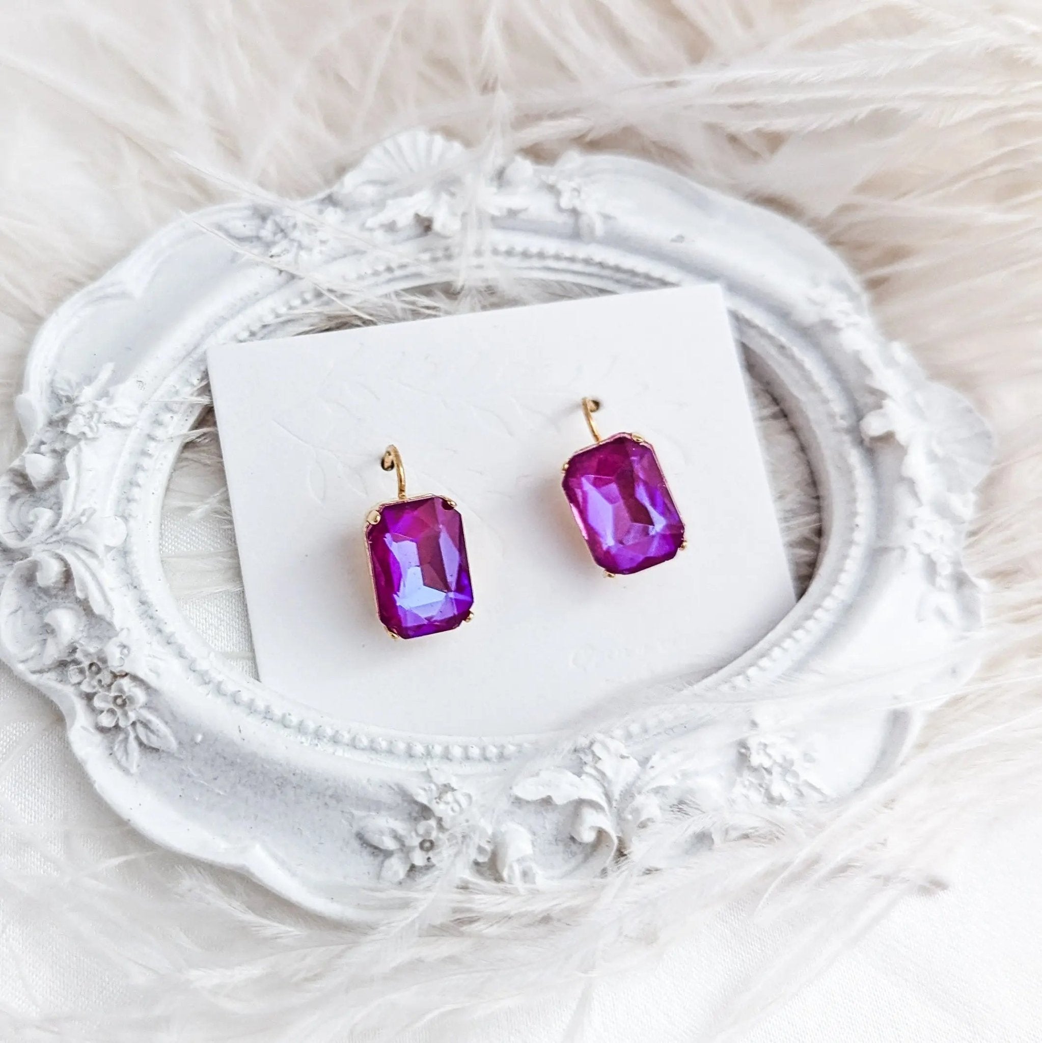 Frosted fuchsia pink crystal gold emerald cut drop earrings - House of Hats