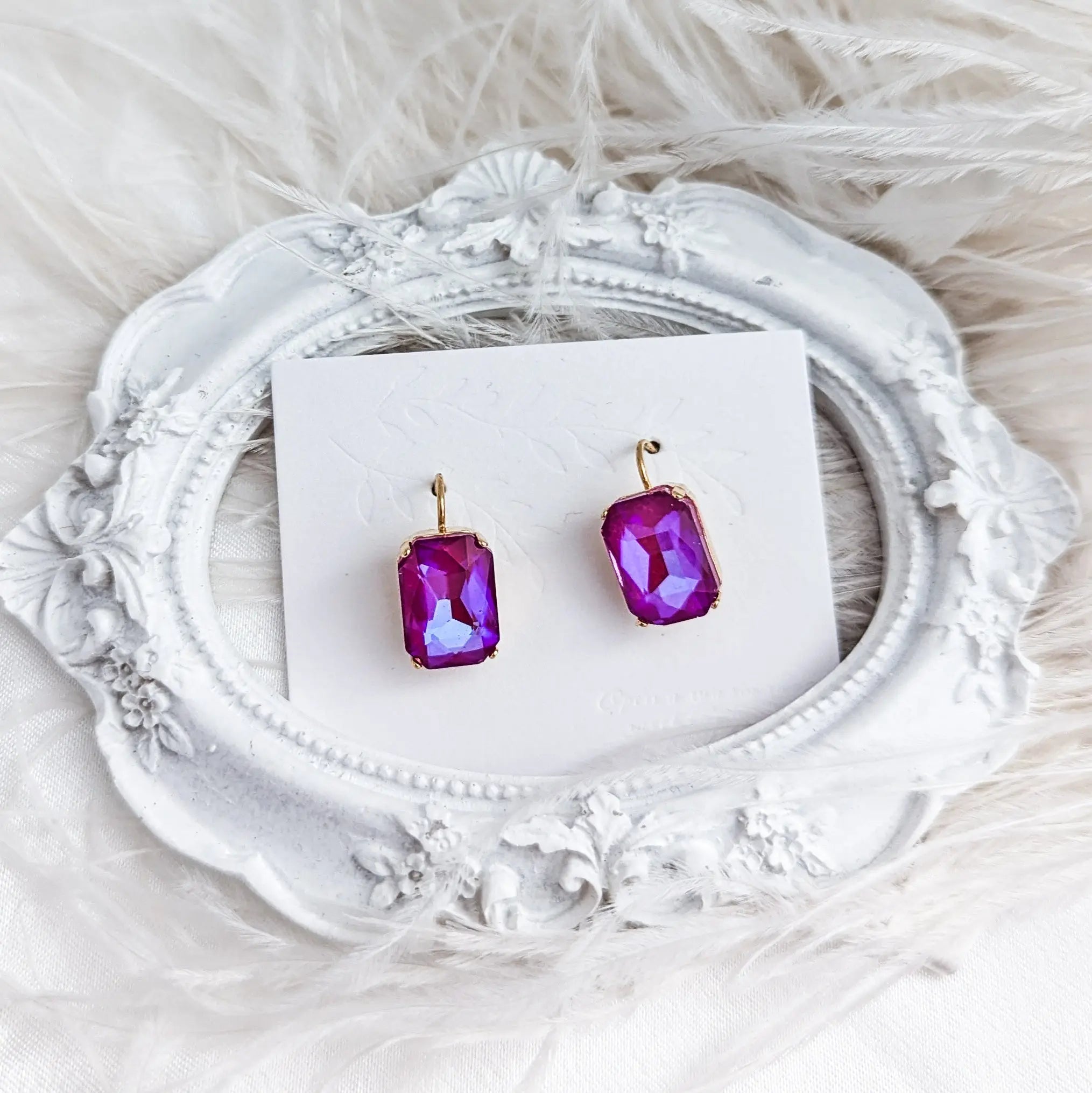 Frosted fuchsia pink crystal gold emerald cut drop earrings - House of Hats