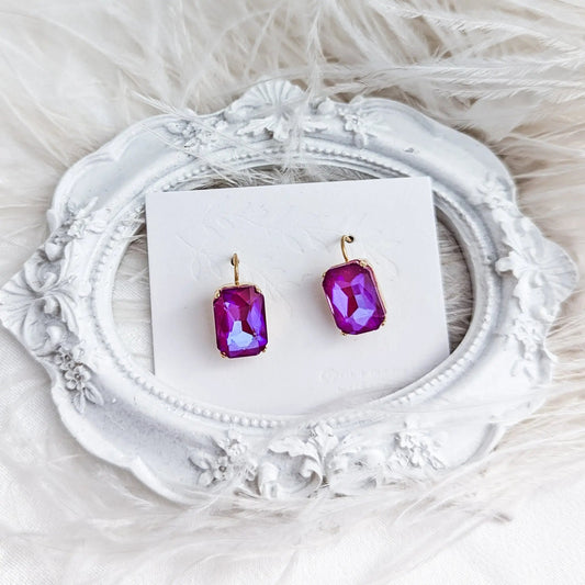 Frosted fuchsia pink crystal gold emerald cut drop earrings - House of Hats