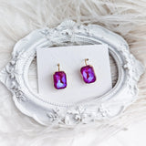 Frosted fuchsia pink crystal gold emerald cut drop earrings - House of Hats