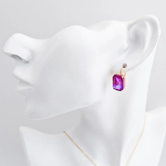 Frosted fuchsia pink crystal gold emerald cut drop earrings - House of Hats