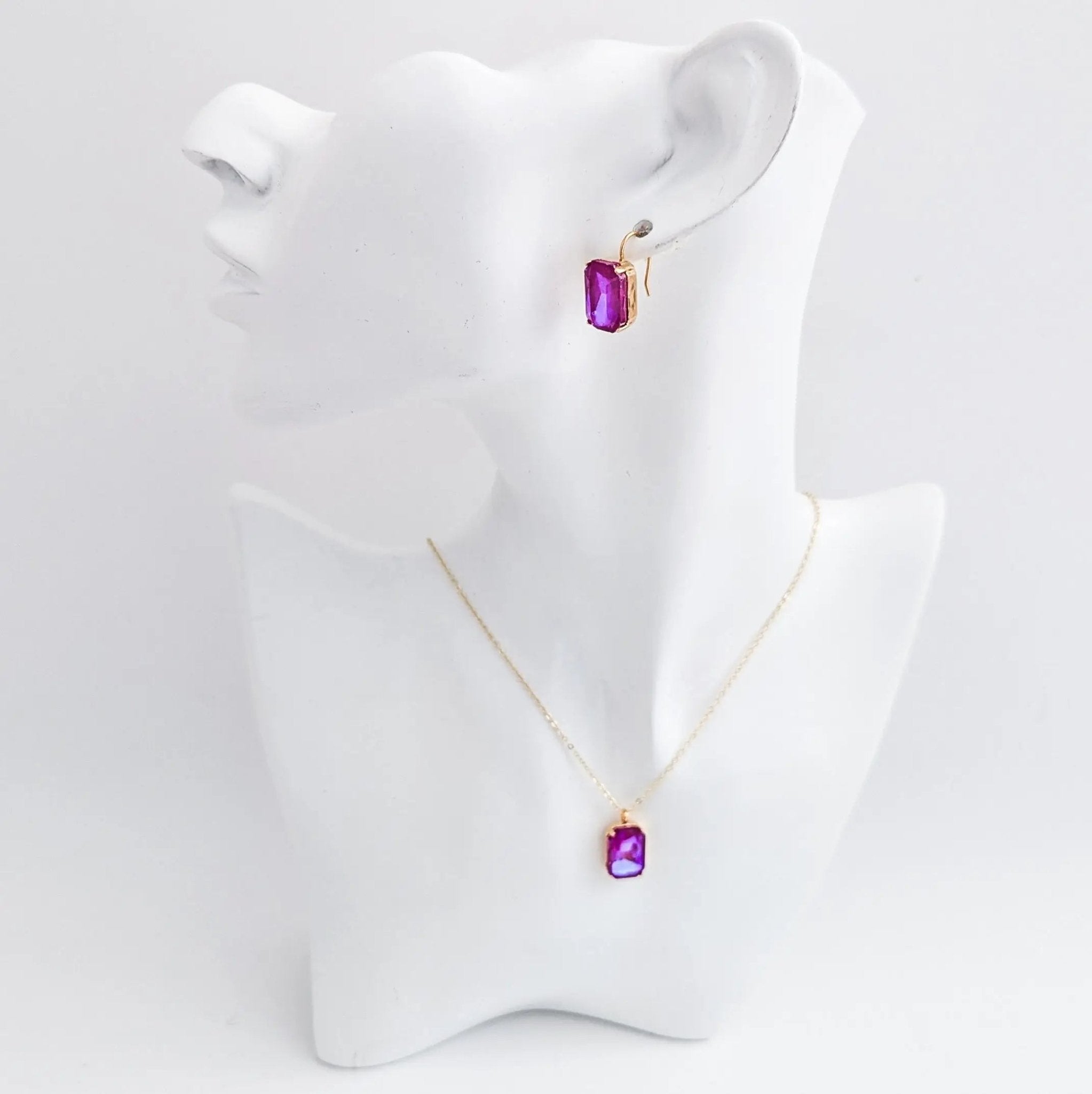 Frosted fuchsia pink crystal gold emerald cut drop earrings - House of Hats
