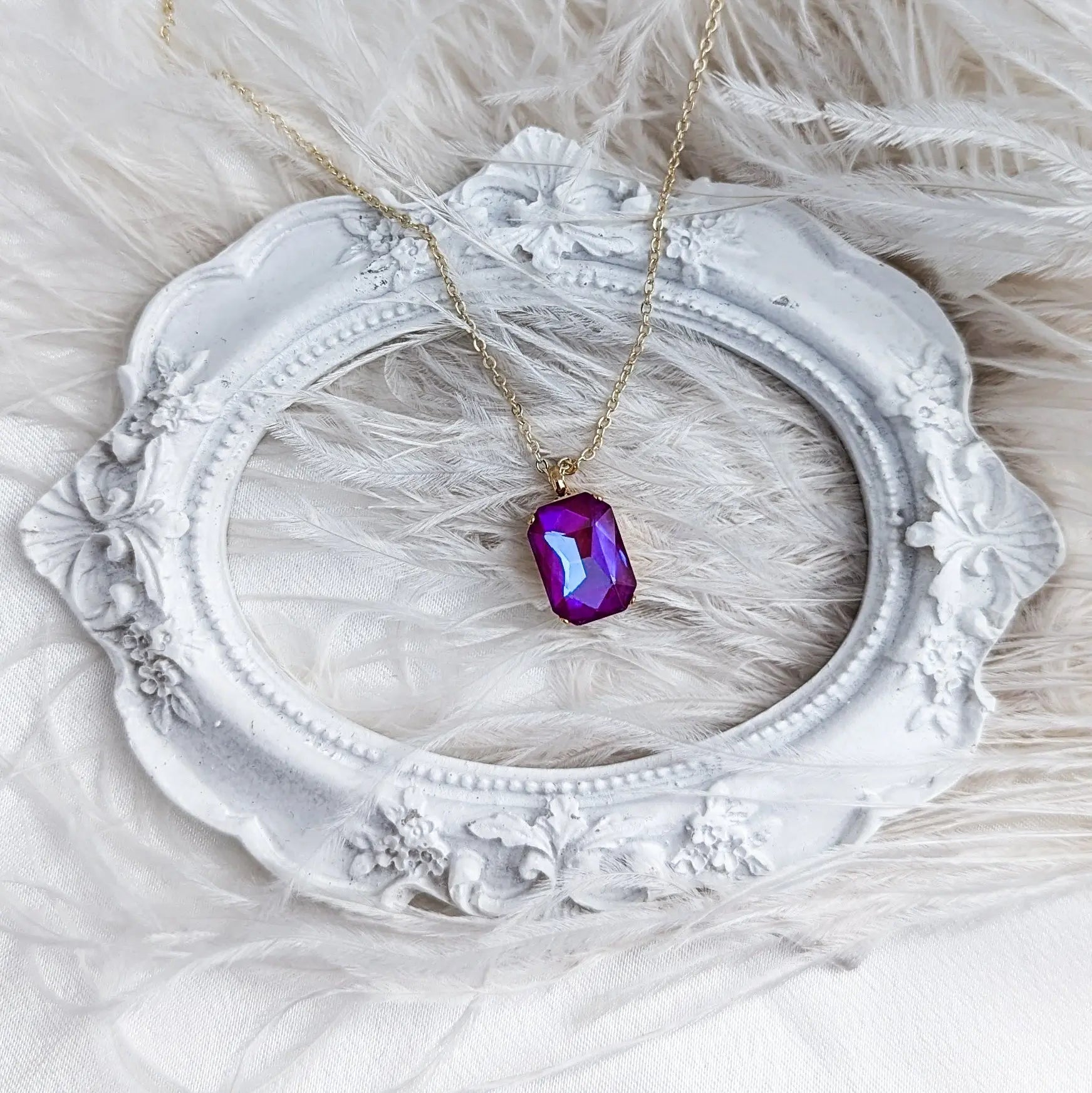 Frosted fuchsia pink crystal gold emerald cut necklace - House of Hats