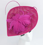 Fuchsia large teardrop feather fascinator hat - House of Hats