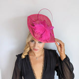 Fuchsia large teardrop feather fascinator hat - House of Hats