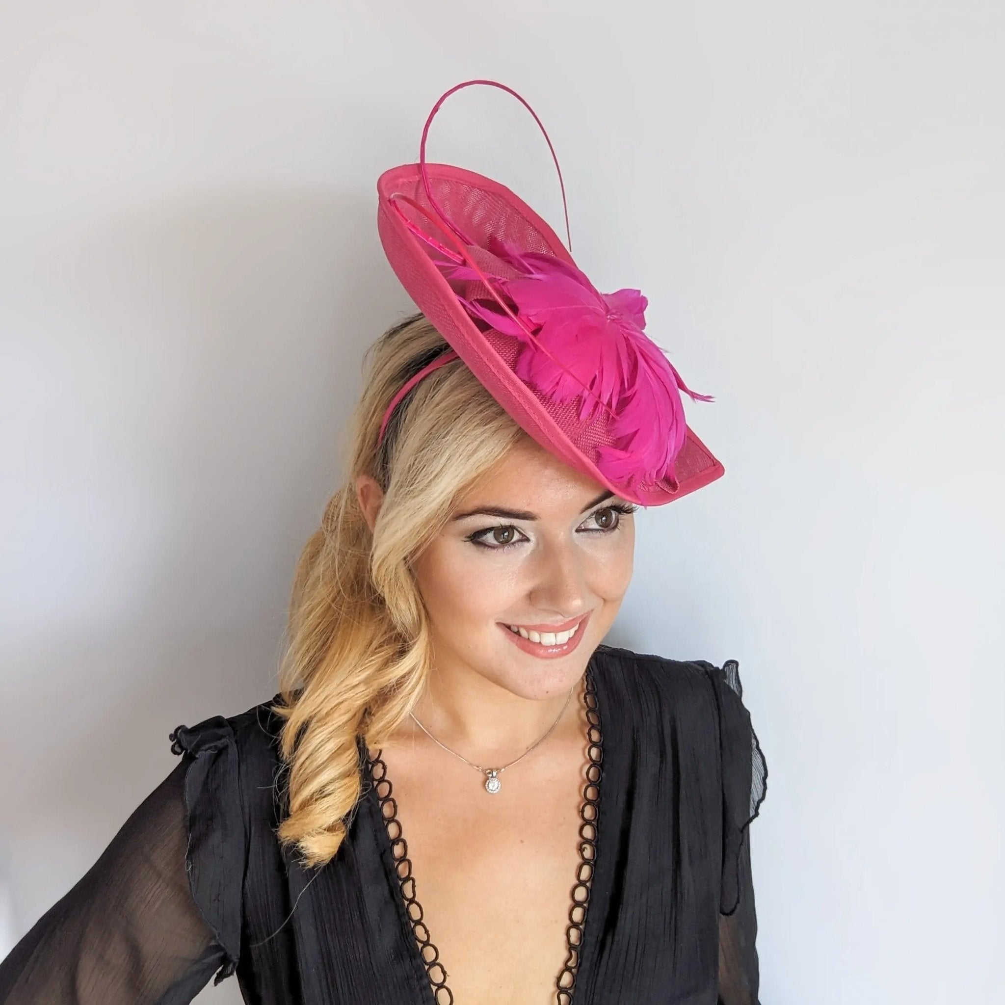 Fuchsia large teardrop feather fascinator hat - House of Hats