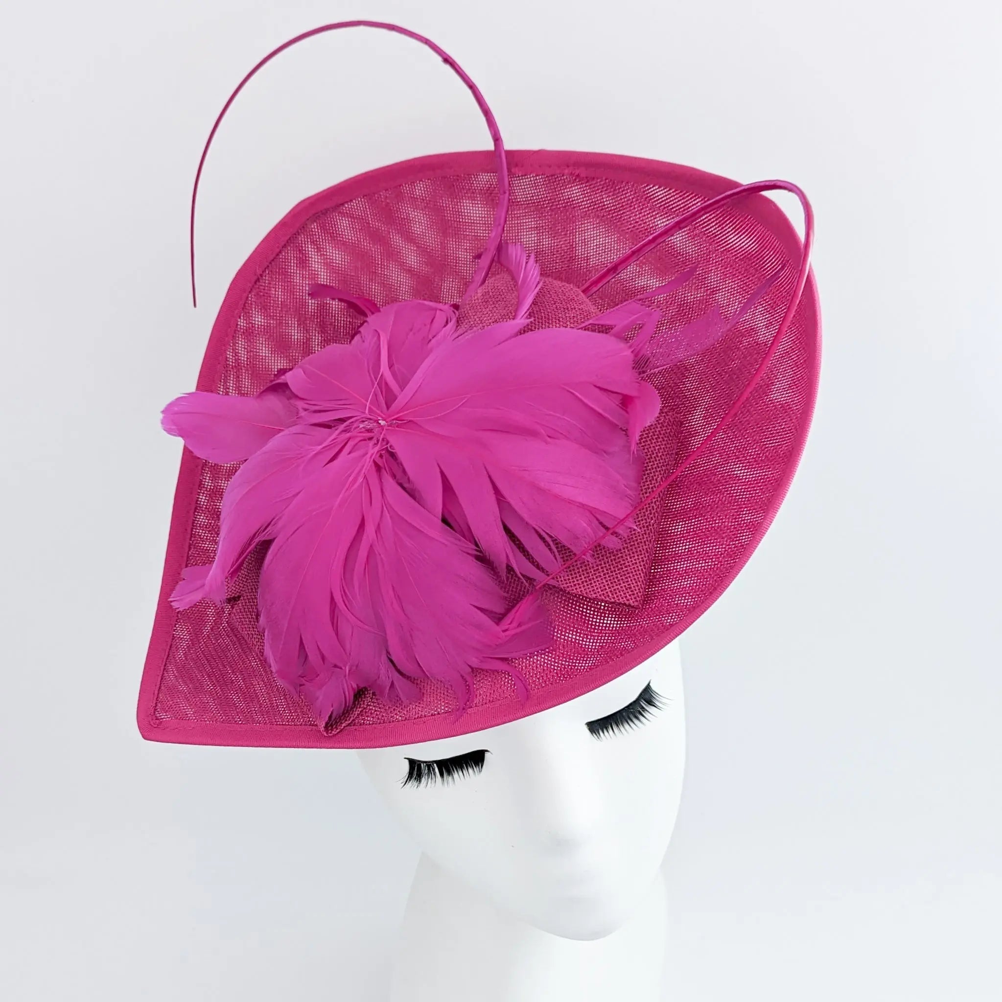 Fuchsia large teardrop feather fascinator hat - House of Hats