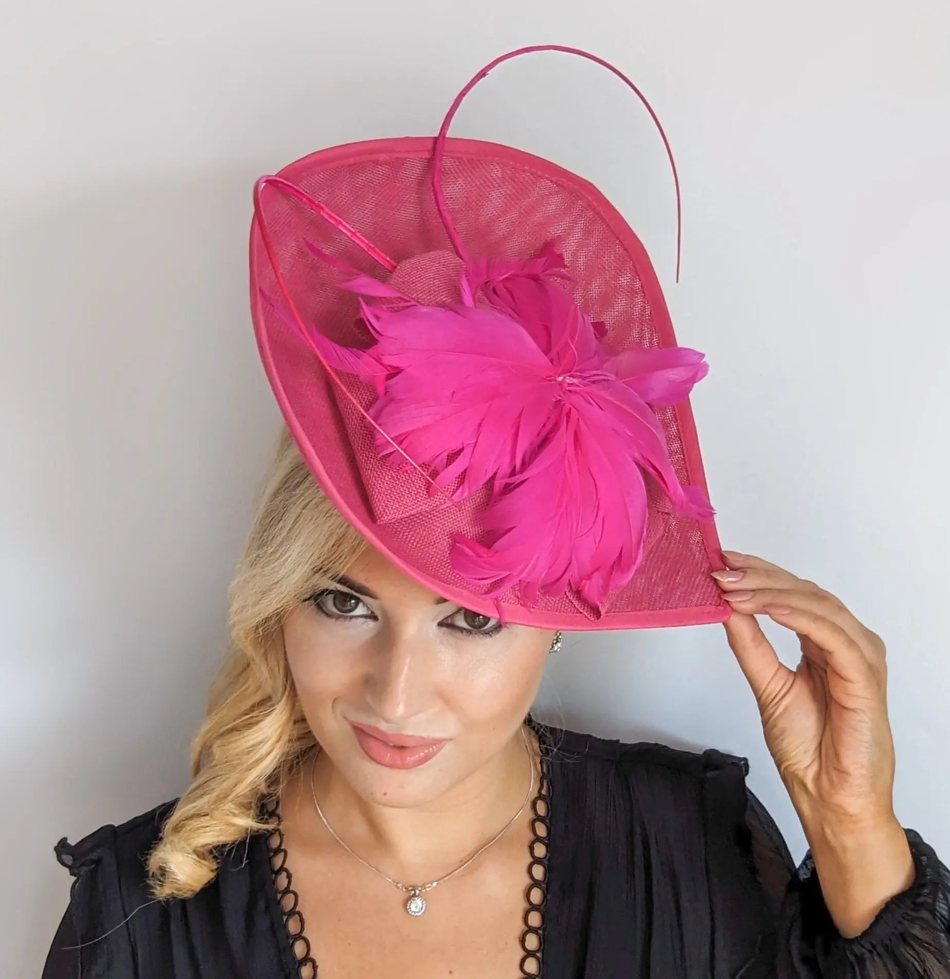 Fuchsia large teardrop feather fascinator hat - House of Hats