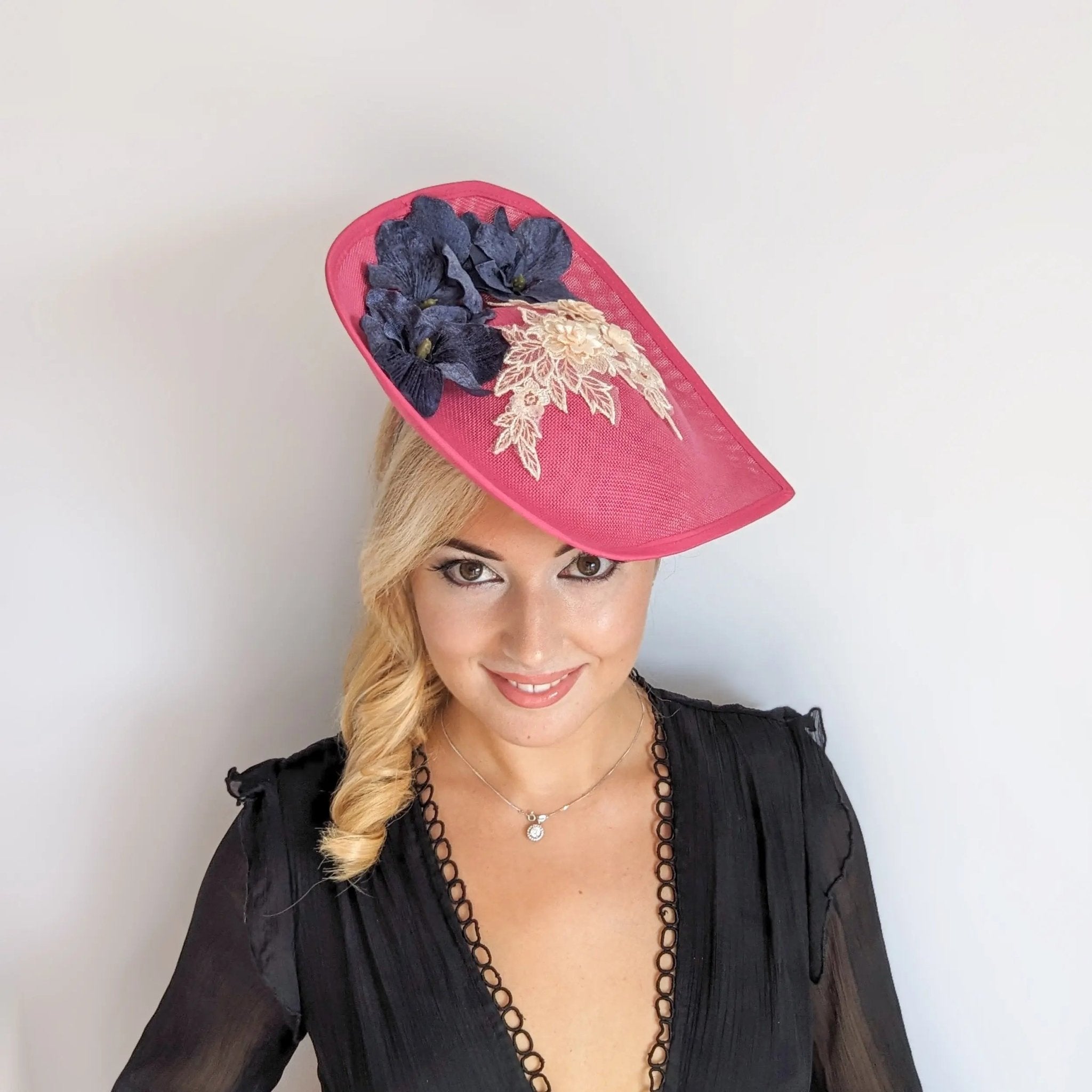 Fuchsia large teardrop flower fascinator hat - House of Hats