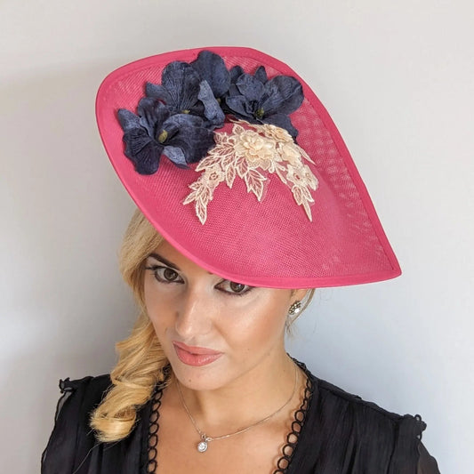 Fuchsia large teardrop flower fascinator hat - House of Hats