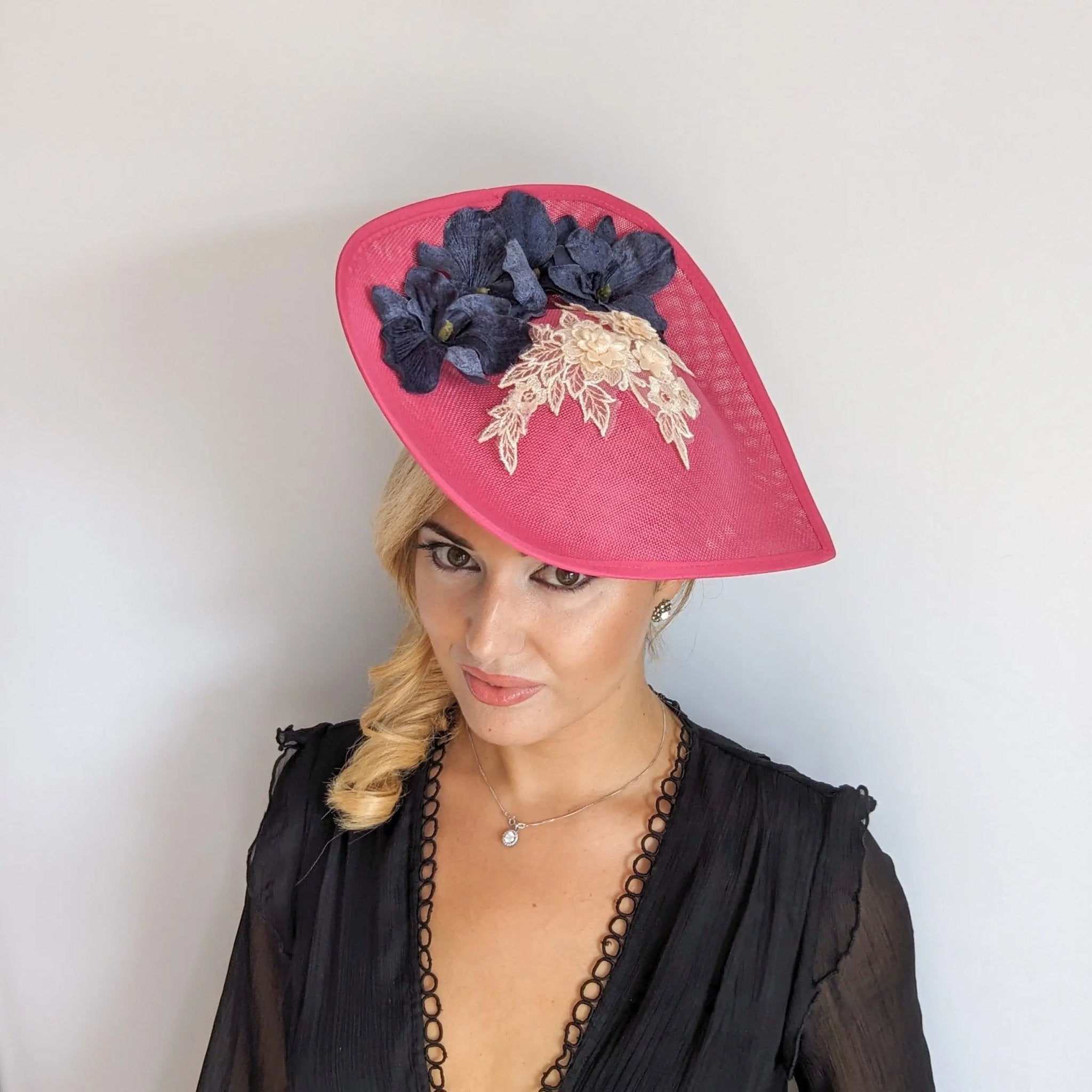 Fuchsia large teardrop flower fascinator hat - House of Hats