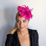 Fuchsia pink feather disc saucer fascinator hat - House of Hats