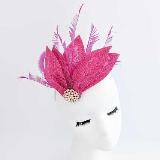 Fuchsia pink feather petal fan fascinator hat - House of Hats
