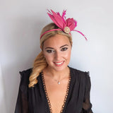 Fuchsia pink feather petal fan fascinator hat - House of Hats