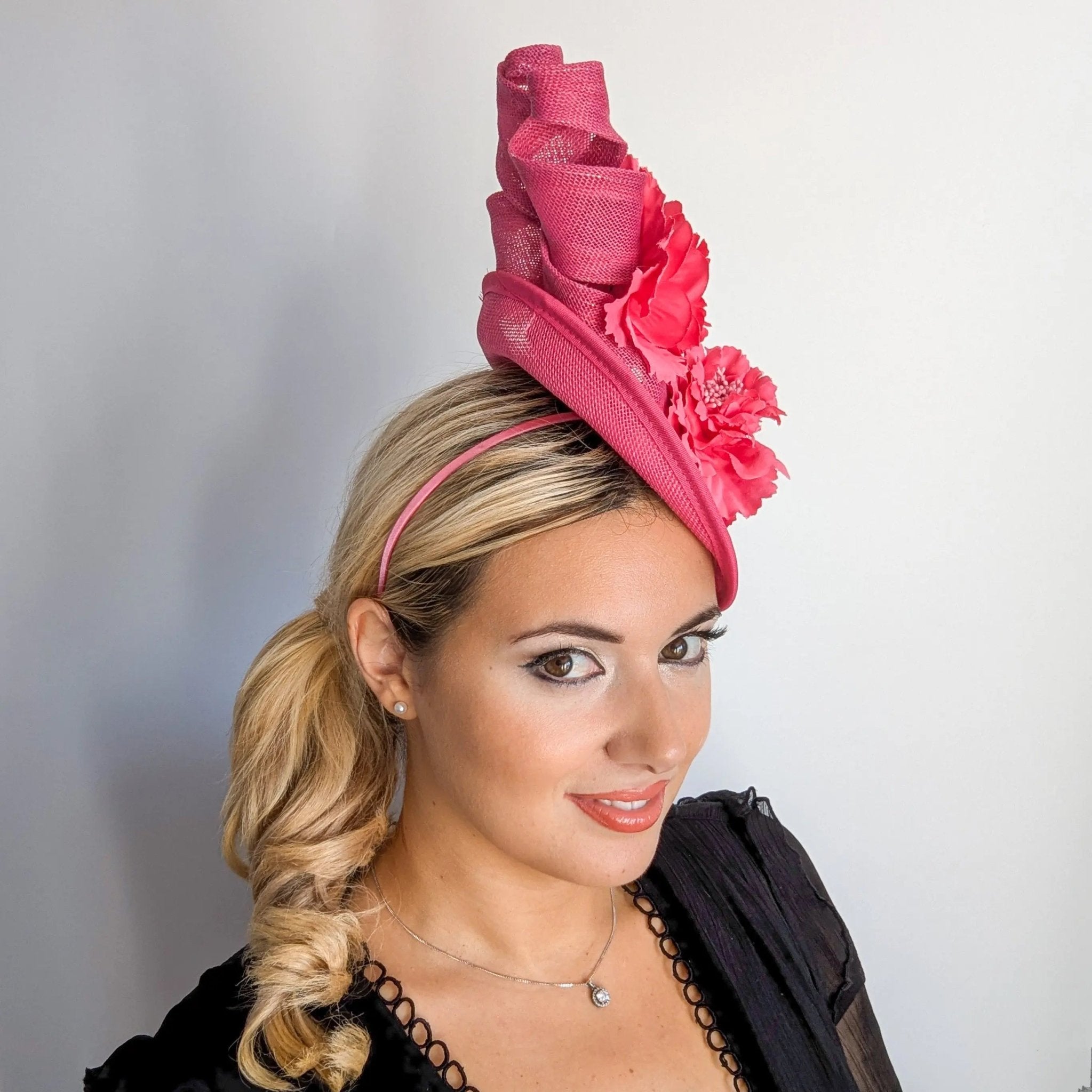 Fuchsia pink flower fascinator disc saucer hat - House of Hats