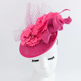 Fuchsia pink flower fascinator disc saucer hat - House of Hats