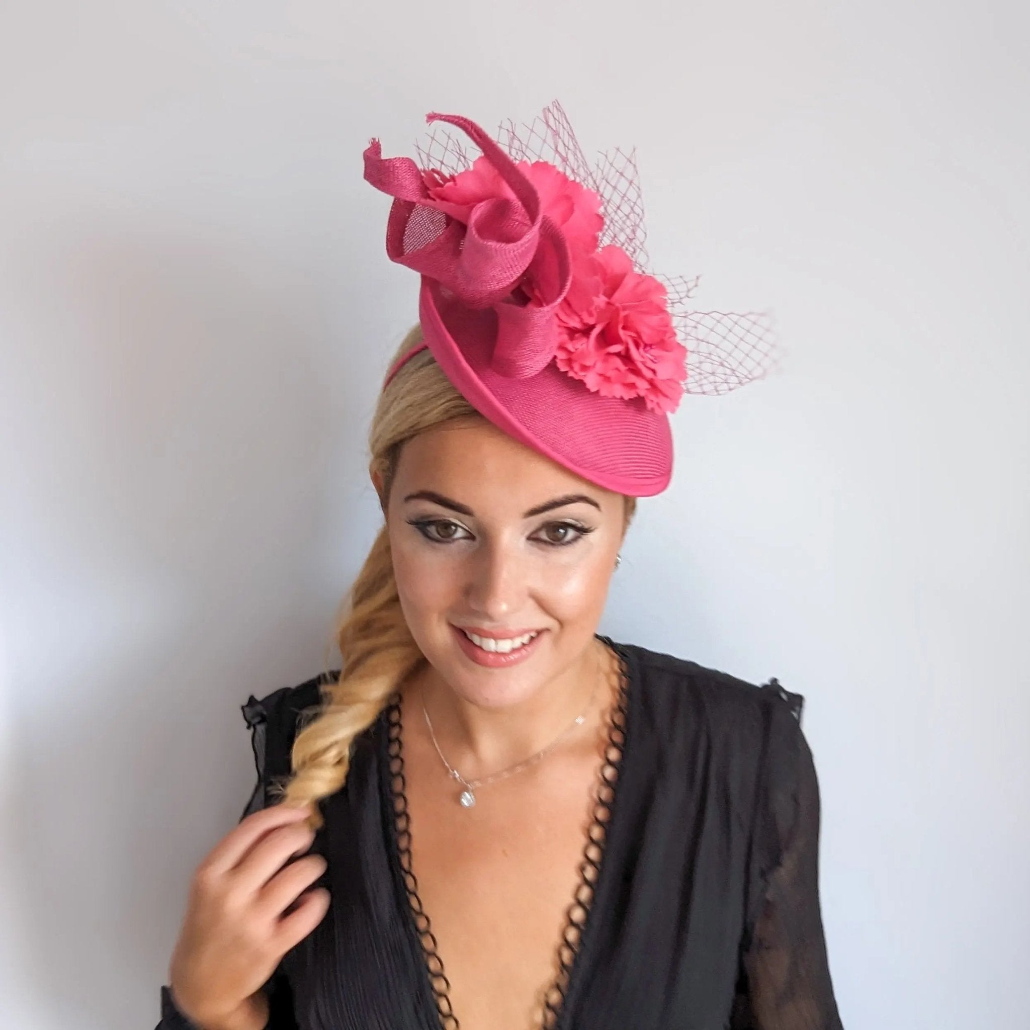 Fuchsia pink flower fascinator disc saucer hat - House of Hats