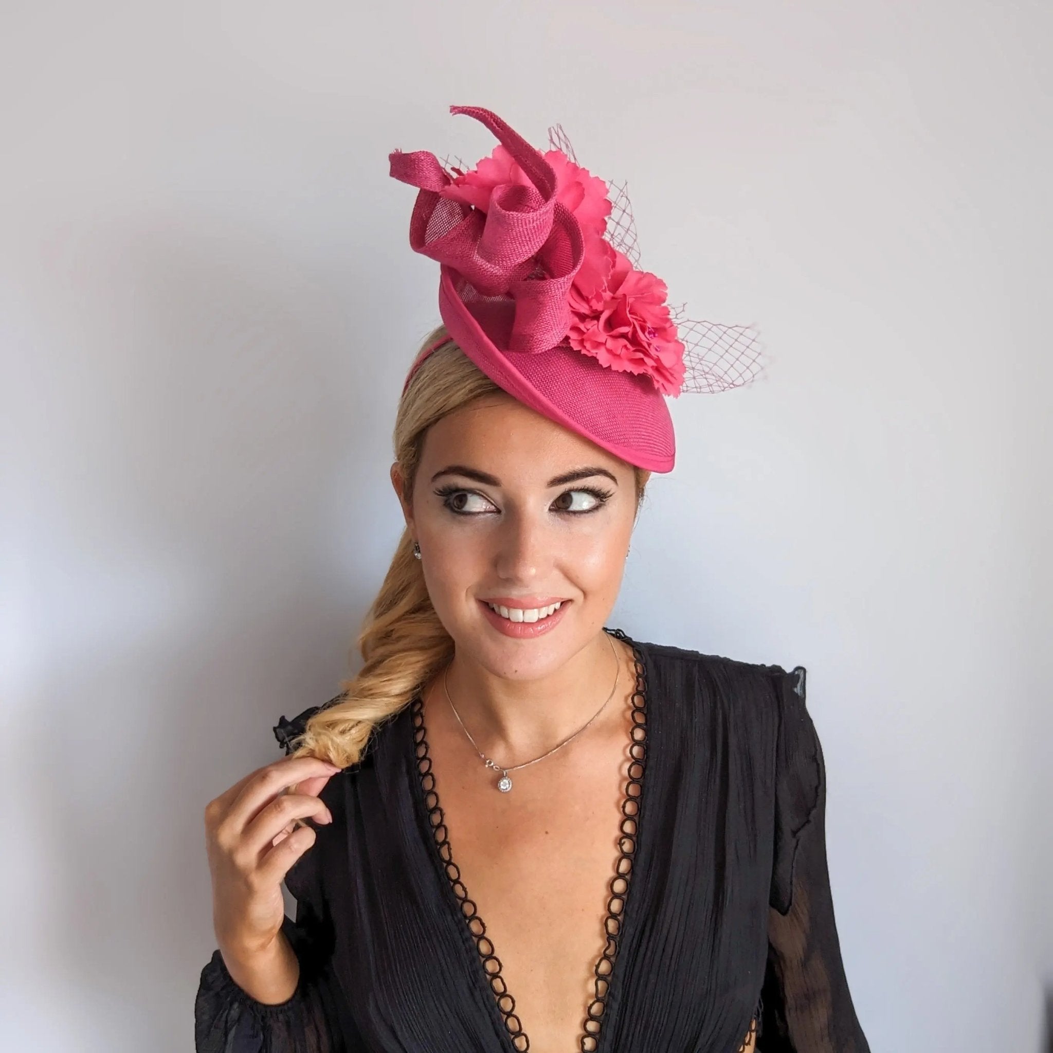 Fuchsia pink flower fascinator disc saucer hat - House of Hats