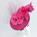 Fuchsia pink flower fascinator disc saucer hat - House of Hats