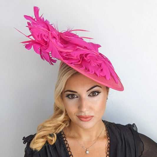 Fuchsia pink large feather saucer disc fascinator hat - House of Hats