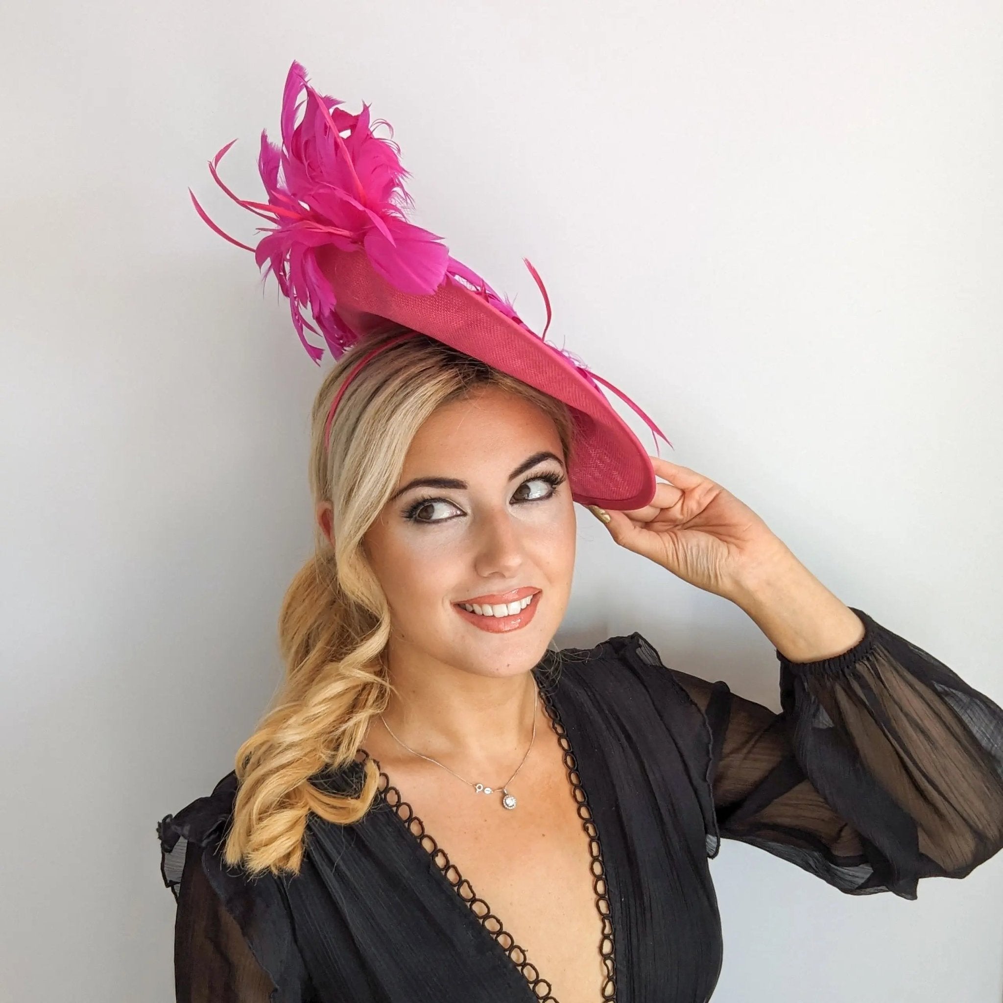 Fuchsia pink large feather saucer disc fascinator hat - House of Hats