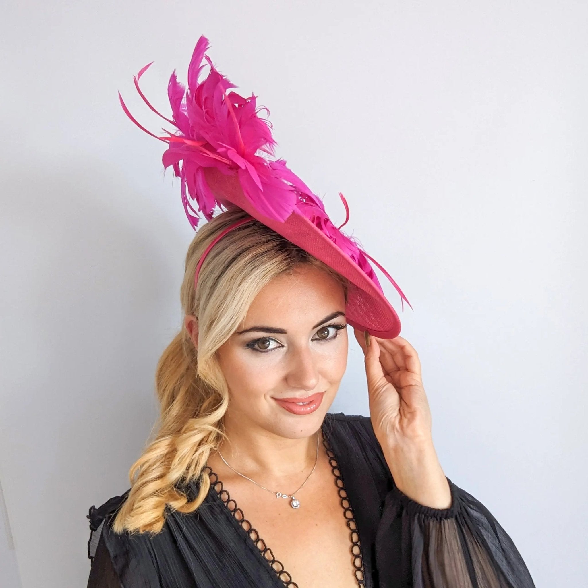 Fuchsia pink large feather saucer disc fascinator hat - House of Hats