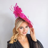 Fuchsia pink large feather saucer disc fascinator hat - House of Hats