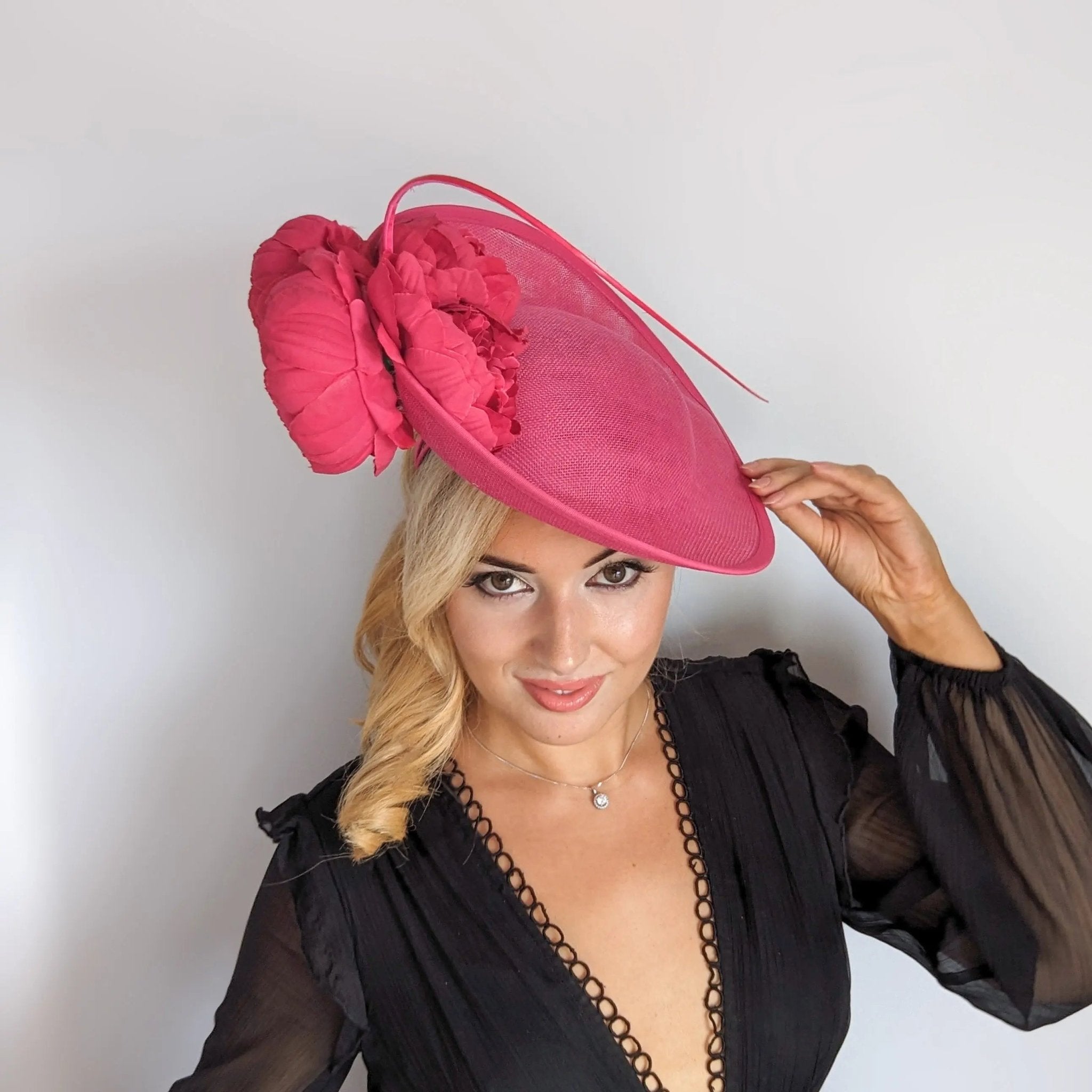 Fuchsia pink large flower saucer disc fascinator hat - House of Hats
