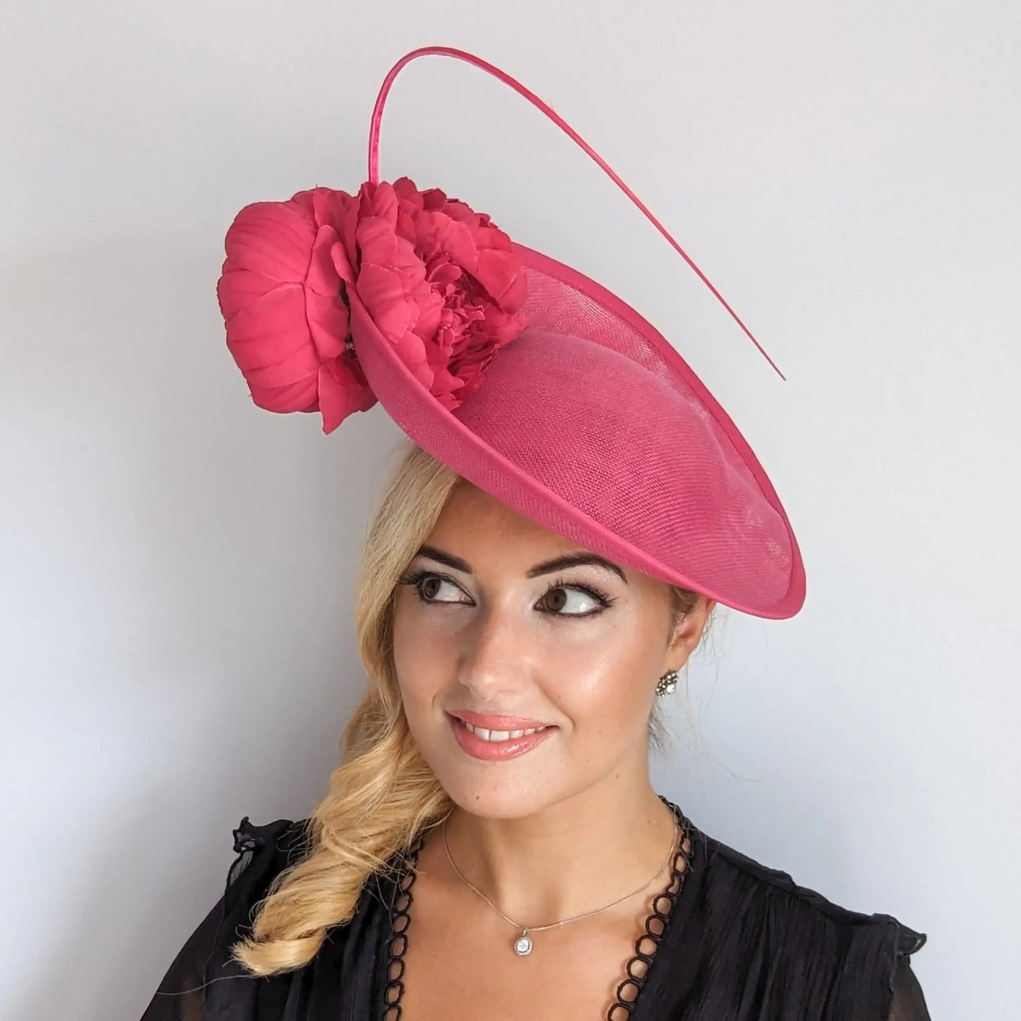 Fuchsia pink large flower saucer disc fascinator hat - House of Hats