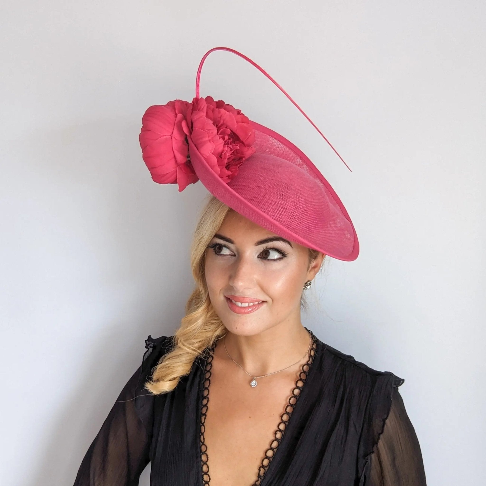 Fuchsia pink large flower saucer disc fascinator hat - House of Hats