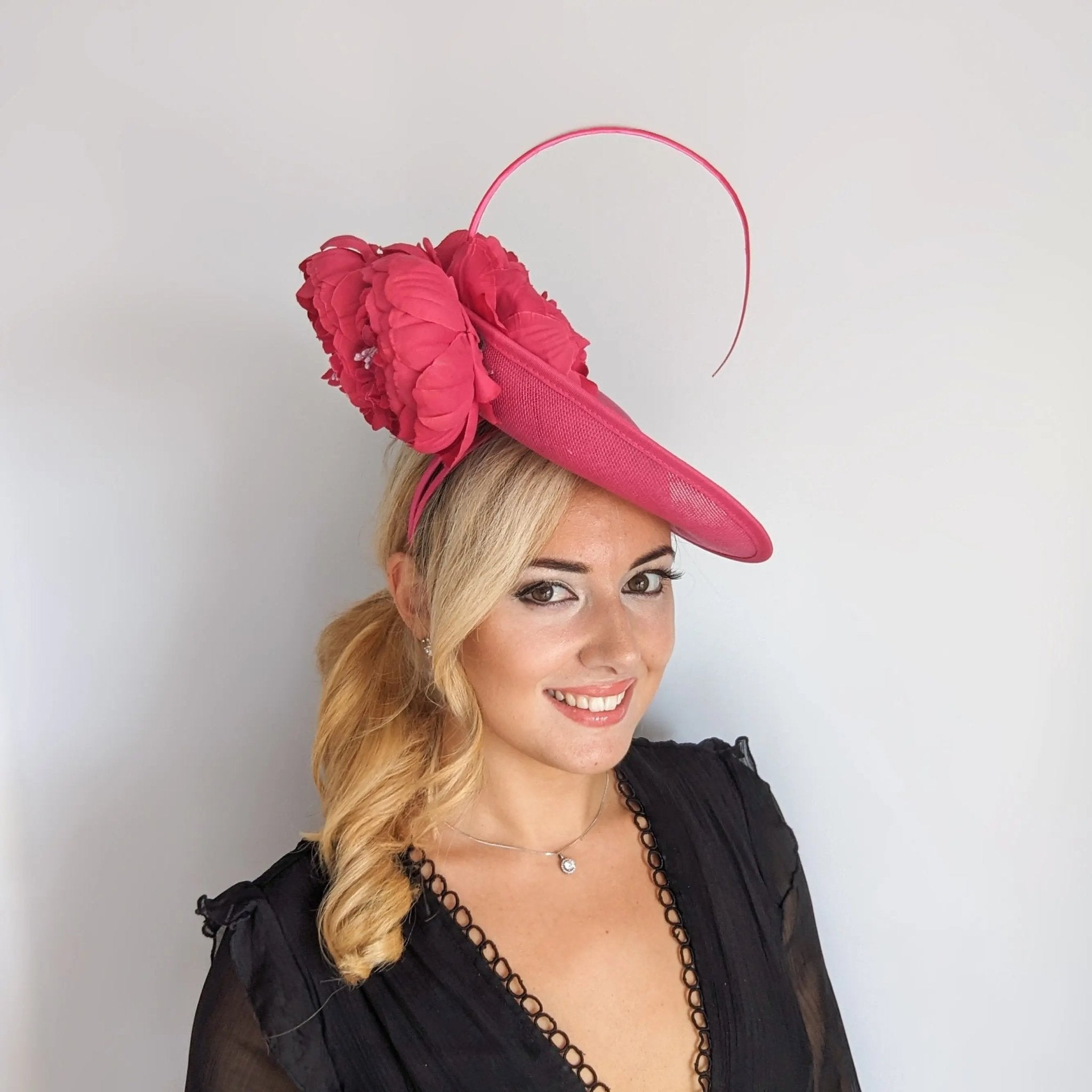 Fuchsia pink large flower saucer disc fascinator hat - House of Hats