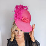 Fuchsia pink large woven straw flower feather fascinator hat - House of Hats