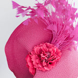 Fuchsia pink large woven straw flower feather fascinator hat - House of Hats