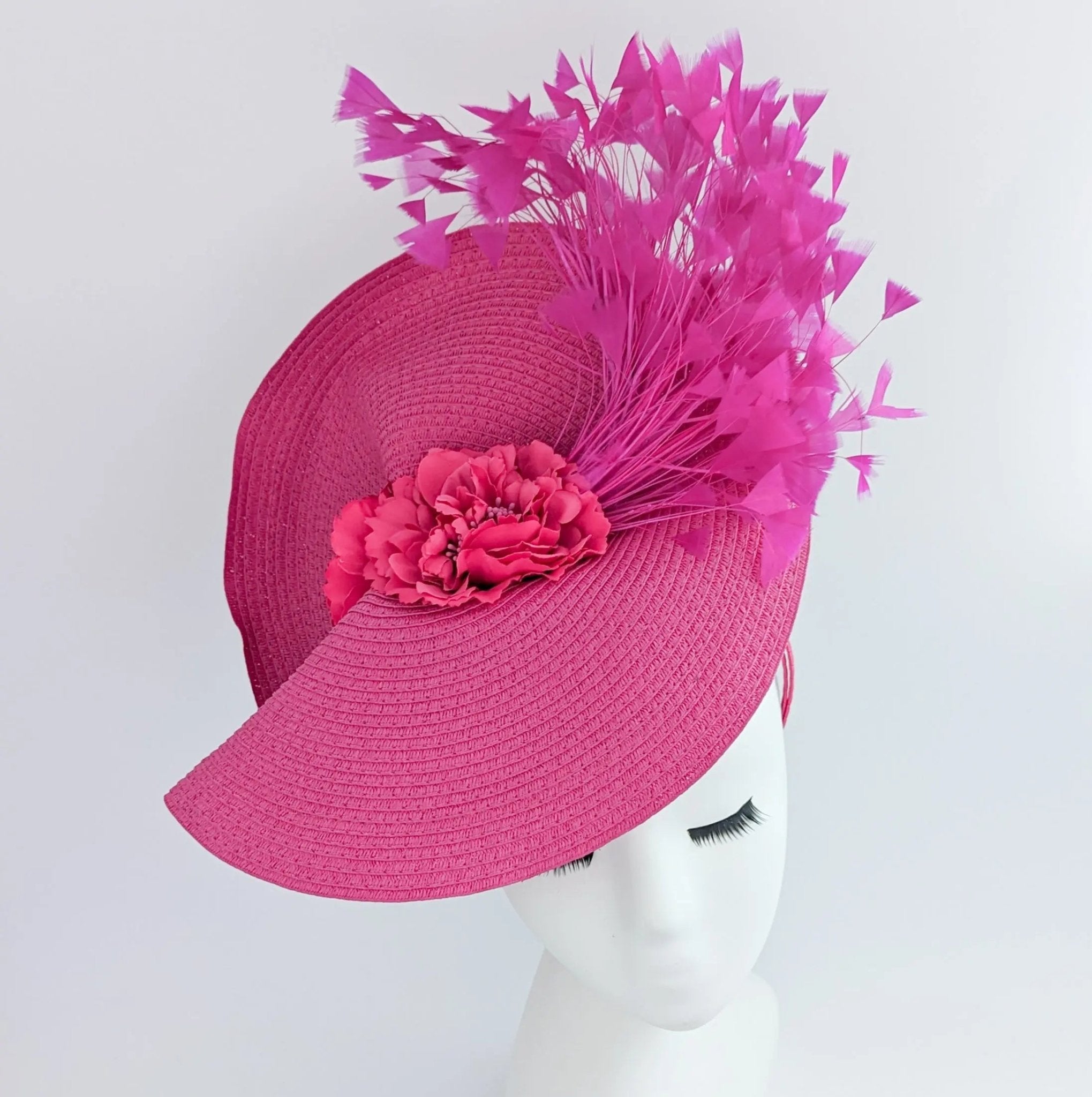 Fuchsia pink large woven straw flower feather fascinator hat - House of Hats