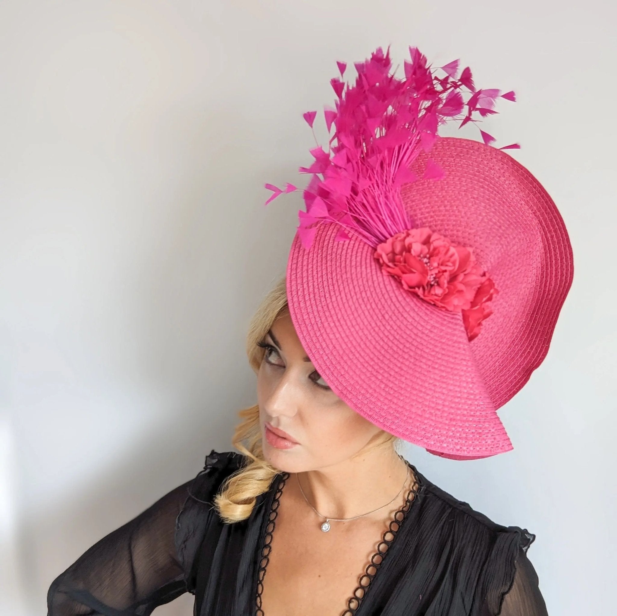 Fuchsia pink large woven straw flower feather fascinator hat - House of Hats
