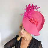 Fuchsia pink large woven straw flower feather fascinator hat - House of Hats